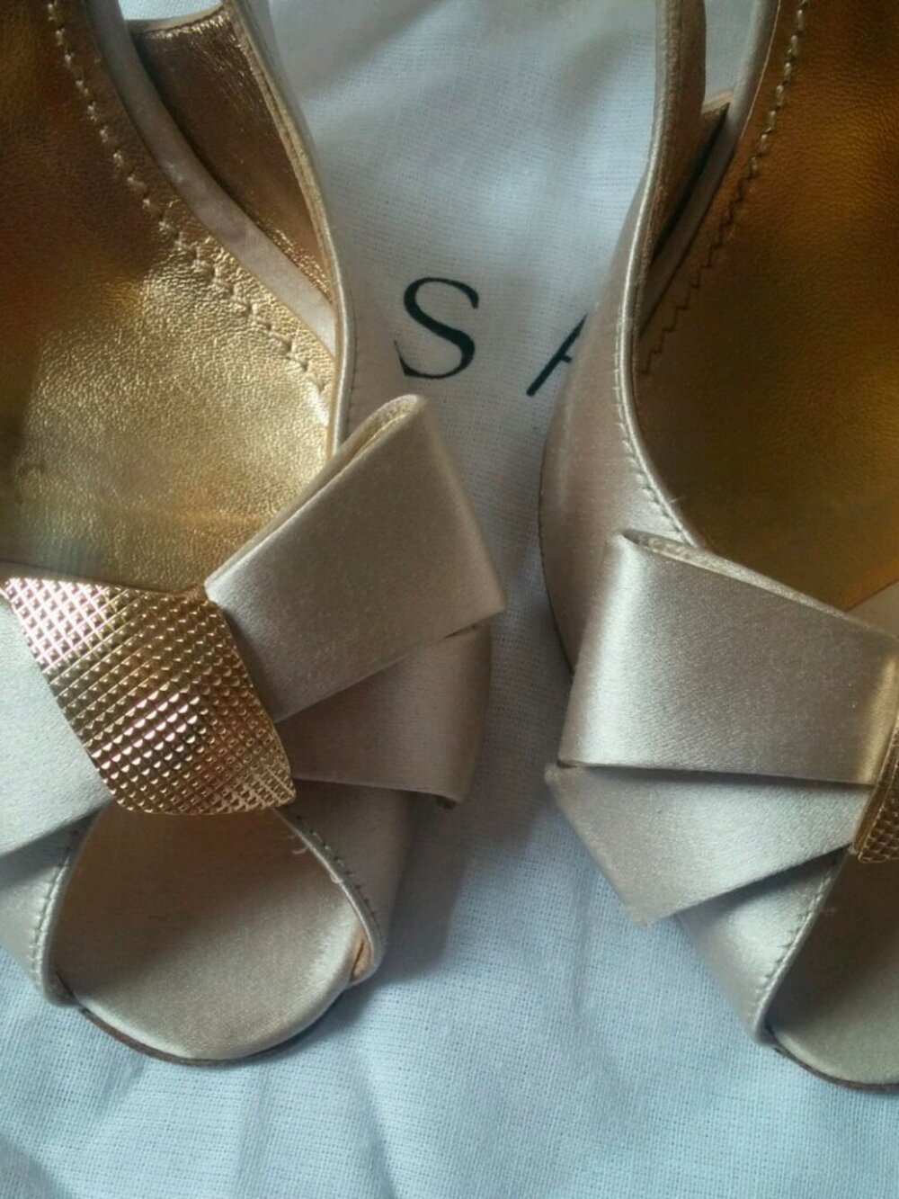 Casadei Leather Satin Peep toe Open Bow Slingback Heels - Picture 4 of 6